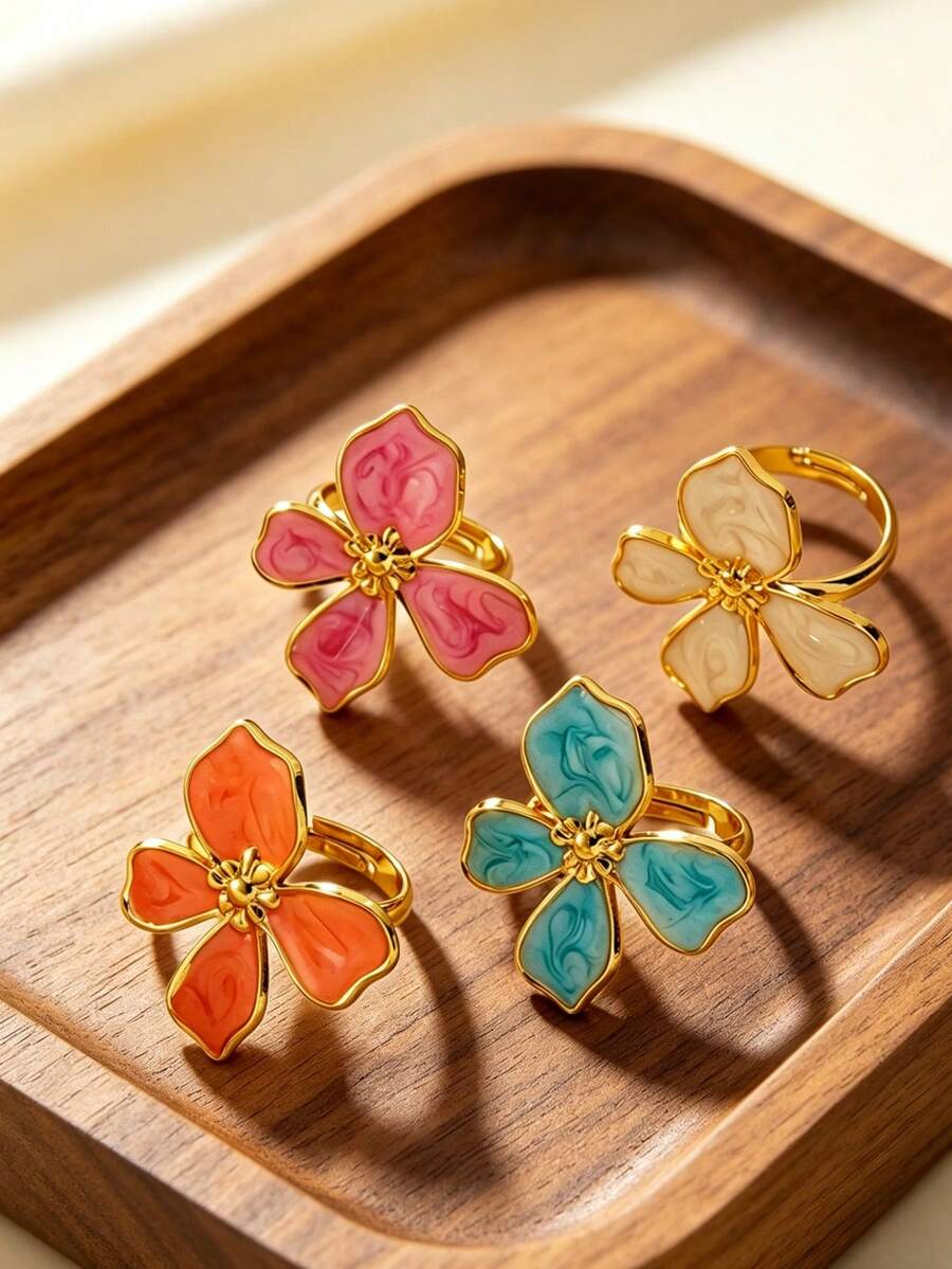 1 chiếc nhẫn thép không gỉ hình hoa bốn cánh được tráng men nhẹ nhàng và thanh lịch, thích hợp cho phụ nữ đeo hàng ngày, đi nghỉ mát hoặc hẹn hò. - Vàng - Xem 1