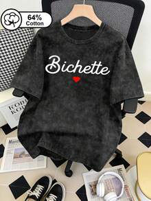 Damen Casual Everyday, Bichette Buchstaben-Muster und Rot Herz-Muster, Vintage Schneeflocke Washed Kurzarm T-Shirt, Casual Sportlicher Stil, geeignet für Outdoor-Tragen, Sommer Damen Tops, Sommer Bekleidung, Muster Drucke Schwarz - Schwarz - Übersicht 1
