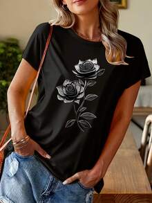 Soft 100% Cotton T-Shirt With A Metallic Texture And Openwork Design, Elegant Rose Print, Short Sleeves, Regular Fit, Round Neck, Women's Spring/Summer Casual Outdoor Wear, Lightweight And Breathable Fabric, Ideal Gift For Daughter, Sister, Birthday, Best Friend, Mother, Family. Breathable Cotton T-Shirt, Goes With Everything. - 黑色 - 查看 1