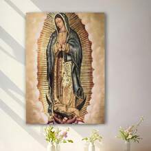 Enmarcado pieza de  en lienzo  de Nuestra Señora de Guadalupe -  Decoración religiosa cristiana para el hogar, colores vibrantes y diseño intrincado, mural plano 2D para decoración de habitaciones, decoración espiritual, obra de arte de colores intensos, decoración basada en la fe, obra de arte detallada, regalos basados en la fe, mural plano 2D - Enmarcado - Ver 3