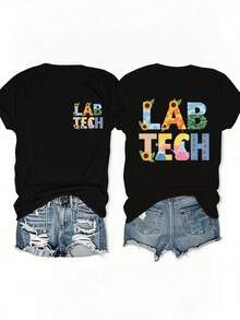 VivaGlam-DNA Sunflower LAB TECH Women'S Casual Short Sleeve T-Shirt, Pure, Round Neck, Graphic Print Tees, Daily Wear, The Best Gift, Fashionable For Summer Beach, Vacation - 黑色 - 查看 6