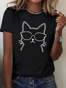 Women's T-Shirt With Unique Design For Everyday Wear, Casual Style For Couples, Casual Fashion, Unique Style, Casual Clothing For All Seasons, Fashionable, Summer Comfort, Regular Fit, Creative Design, Women's Tops For Everyday Wear - 黑色 - 查看 6