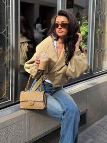Women's Spring Khaki Loose Waist Tie Long Sleeve Casual Work Jacket Short Trench Coat Autumn Jacket - Khaki - View 3