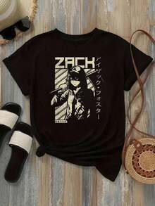 Under The Radar Women's Oversized Cotton T-Shirt With A Vintage Loose Fit, Available In Black And White. Features An Anime-Style Graphic Print And Japanese Text, Ideal For Streetwear And Summer Looks. A Lightweight, Comfortable, And Stylish Garment For Everyday Casual Outfits. - Vintage Street Style Unisex Loose Cotton Short Sleeve Crew Neck T-Shirt - 黑色 - 查看 2