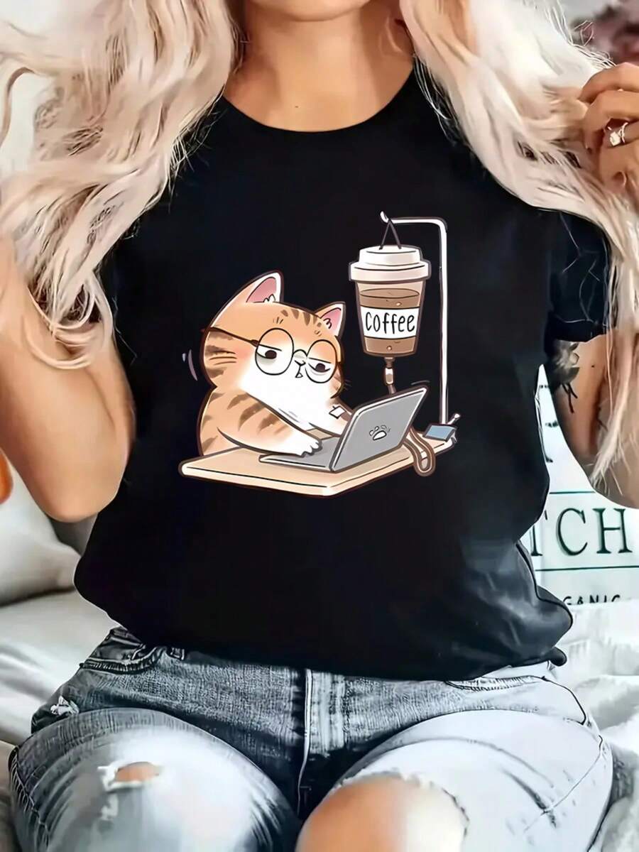 Camiseta de manga corta para mujer con estampado de gato de dibujos animados, la moda, para trabajar - Negro - Ver 1
