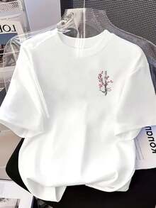 Women's Casual Short Sleeve Crew Neck T-Shirt With Samurai And Cherry Blossom Print, Perfect For Spring And Summer - Vintage Urban Style, Unisex, Cotton, Loose Fit. - 白色 - 查看 7