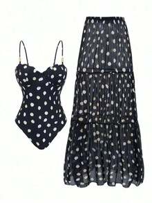 Swim Oasis Nuevo conjunto de 2 piezas de top corto y falda de estilo vacaciones en la playa, con un diseño de lunares blanco y negro, de tirantes finos y sujetador push-up con aros, de un solo traje de una pieza sexy y ceñido. - Blanco y Negro - Ver 6