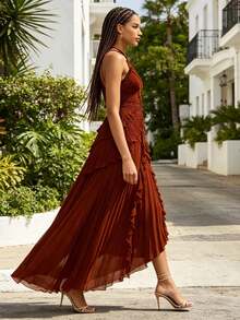 Women's Dresses 2026 Summer New Arrival Women's Fashion Ruched Halter Neck Sexy Bandeau Backless Dress - 酒紅色 - 查看 1