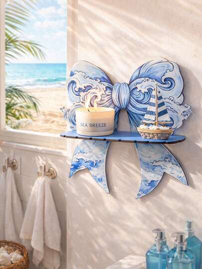 1pc Wooden Ocean Wave & Bow Wall Shelf, Floating Storage Rack, Suitable For Bathroom And Coastal Home Decor