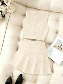 Conjunto de 2 piezas de top sin mangas de punto acanalado de unicolor y minifalda, para verano - Albaricoque - Ver 2
