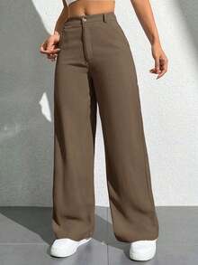 Pantalones casuales simples de unicolor para mujer para usar todos los días - Café integral 2 - Ver 6