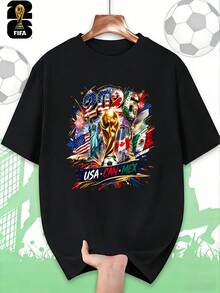 [FIFA World Cup Licensed]2026 USA-Canada-Mexico World Cup Football Pattern T-Shirt, 180g 100% Cotton, Round Neck, Comfortable Casual Sports T-Shirt Fo - 黑色 - 查看 3