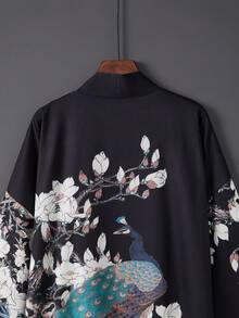 復古寬鬆波希米亞中長版孔雀印花優雅個性時尚和服罩衫，休閒居家繫腰長袍黑色度假風 - 黑色 - 查看 4