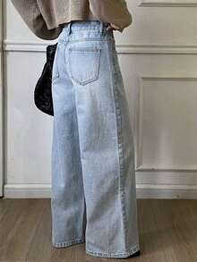 Pantalones vaqueros de pierna recta con diseño de pretina de talle bajo para mujer - Lavado ligero - Ver 4