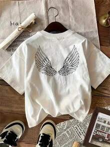 Women's Angel Wing Print T-Shirt - Short Sleeve, Crew Neck, Lightweight And Breathable Fabric, Pure White With Black Graphic, Versatile Casual Wear, Birthday And Holiday Gift For Women And Teens, Minimalist And Fashionable Design, Soft Material, Printed T-Shirt, Y2k T-Shirt For Fashion Lovers - 白色 - 查看 10