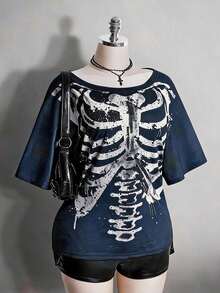 2026 Summer Collection,Retro Gothic Plus Tee: Distressed Skull & Rose, Y2K Punk Style, Sizes S-7XL, Ships 24H - Navy Blue - View 8