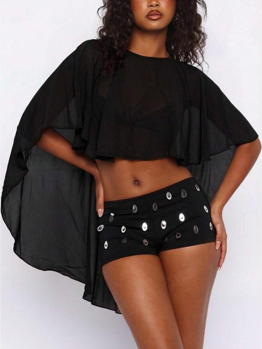 Top corto tipo capa de gasa marrón transparente para mujer, silueta drapeada, chal, ideal para fiestas nocturnas. - Negro - Ver 1