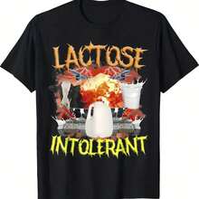 Casual Short-Sleeved T-Shirt With A Lactose Intolerance Print And Crew Neck. Harajuku Print With A Lactose Intolerance Aesthetic. Soft 220g Cotton T-Shirt For Men And Women, Made With A Premium Fabric That Is Durable And Comfortable Against The Skin, Ideal For All Body Types And Everyday Wear. Breathable And Lightweight Casual T-Shirts, Stylish Outfits For Autumn, Perfect For Everyday Wear, Outdoor Activities, Travel, Vacations, And Theme Parties All Year Round. - 黑色 - 查看 1