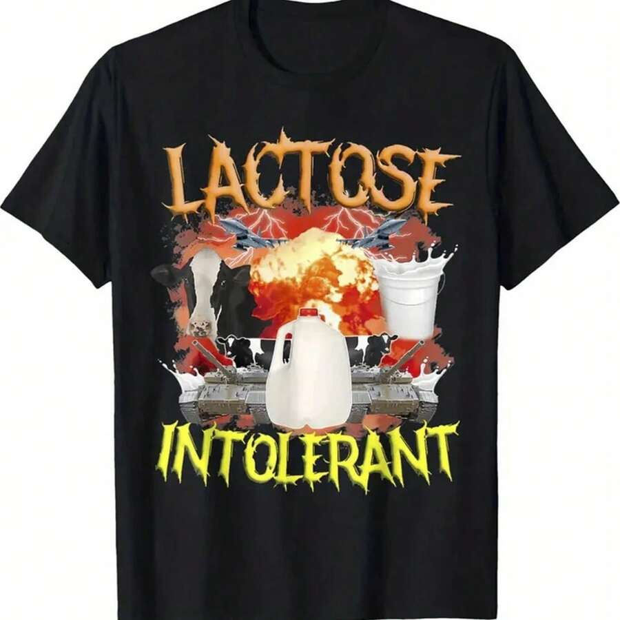 Casual Short-Sleeved T-Shirt With A Lactose Intolerance Print And Crew Neck. Harajuku Print With A Lactose Intolerance Aesthetic. Soft 220g Cotton T-Shirt For Men And Women, Made With A Premium Fabric That Is Durable And Comfortable Against The Skin, Ideal For All Body Types And Everyday Wear. Breathable And Lightweight Casual T-Shirts, Stylish Outfits For Autumn, Perfect For Everyday Wear, Outdoor Activities, Travel, Vacations, And Theme Parties All Year Round. - 黑色 - 查看 1