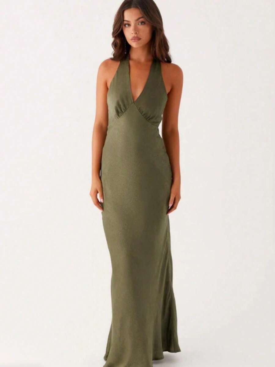 Vestido mujer 2026 verano nuevo, satén liso, sin mangas, cuello V y cuello halter, sensual con espalda descubierta, correa ajustable y ajustado, largo - Verde militar - Ver 1