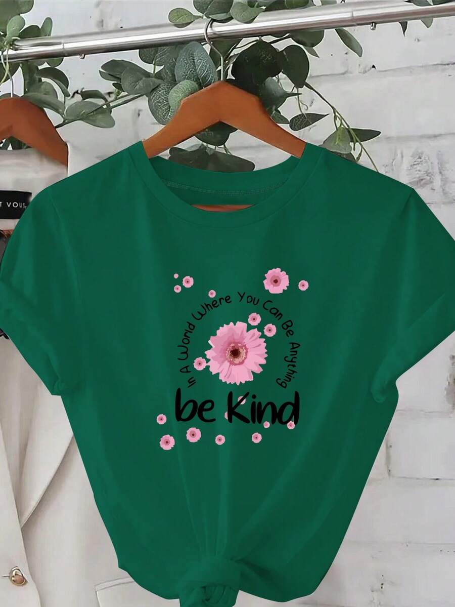Plus Sizes - The Kind Little Daisy, Everyday Outfits, Comfortable And Casual Short Sleeve T-Shirts, Stylish Printed Crew Neck T-Shirts, Plus Size Women's Clothing, Women's Apparel - 綠色 - 查看 1