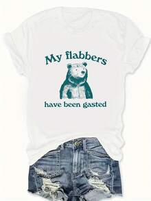 Women's Plus Size Casual T-Shirt With "My Flabbers Have Been Gasted" Raccoon Letter Print, Crew Neck, Slightly Stretchy Fabric, Autumn/Winter Collection, Raccoon T-Shirt - 白色 - 查看 1