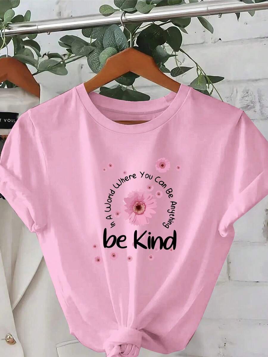 Plus Sizes - The Kind Little Daisy, Everyday Outfits, Comfortable And Casual Short Sleeve T-Shirts, Stylish Printed Crew Neck T-Shirts, Plus Size Women's Clothing, Women's Apparel - 深粉紅色 - 查看 1