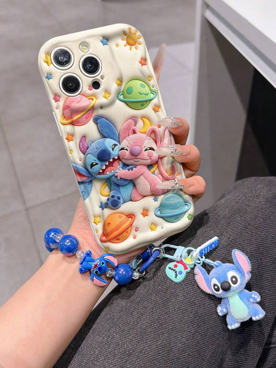 Disney Has Authorized, Phone Case - Chain Set, The Stitch Lilo & Stitch 3D Phone Case Plus A Silicone 3D Stitch Bracelet With Metallic Ring Removable Bracelet, Stitch And Angel Pattern, Compatible With Iphone17/16/15/14/13/12/11/XS/XR/X Plus Pro Max, A Stylish Cartoon Phone Case, The Perfect Gift Choice, Phone Protection, Durable Phone Cover, Great Gift For Friends And Family. - 白色 - 查看 1