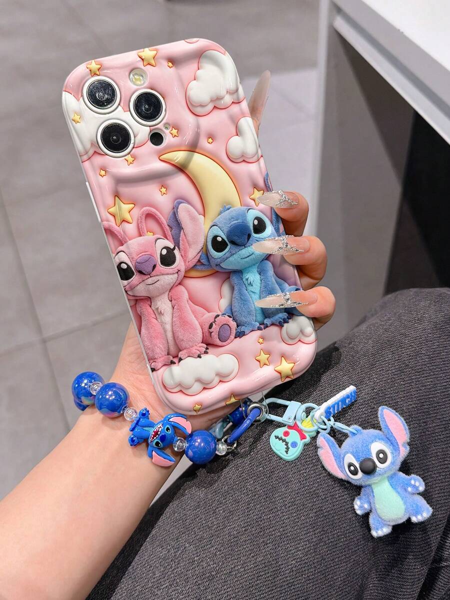 Disney Has Authorized, Phone Case - Chain Set, The Stitch Lilo & Stitch 3D Phone Case Plus A Silicone 3D Stitch Bracelet With Metallic Ring Removable Bracelet, Stitch And Angel Pattern, Compatible With Iphone17/16/15/14/13/12/11/XS/XR/X Plus Pro Max, A Stylish Cartoon Phone Case, The Perfect Gift Choice, Phone Protection, Durable Phone Cover, Great Gift For Friends And Family. - White - View 1