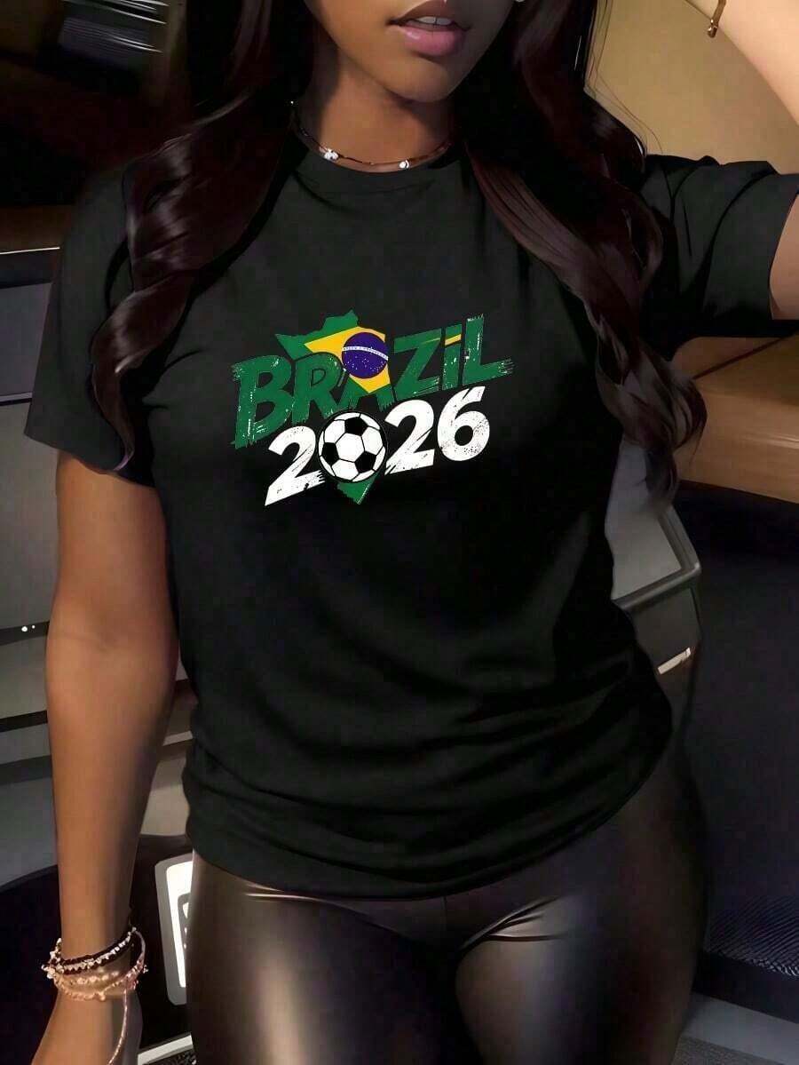 Camiseta de Talla Grande con Temática de la Selección Brasileña para la Copa Mundial 2026 - 100% Algodón Puro, Transpirable y Cómoda, Esencial para Animar a tu Equipo Favorito 2026 - Ropa de Verano para Mujer - Negro - Ver 1