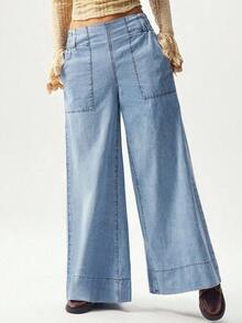 BohoFeels Pantalones anchos y sueltos de mezclilla tejida de unicolor casual - Azul - Ver 5