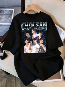 2026 T-Shirt, Vintage ATEEZs CHOI SAN Graphic T-Shirt, Oversized Casual T-Shirt For ATINY Fans, Retro 1999 Streetwear Top, Retro K-Pop Idol Bootleg Style Oversized T-Shirt, Vintage Graphic Print T-Shirt, Short Sleeve Casual Top, Fan Merchandise, Black Streetwear T-Shirt For Fans, Vintage K-Pop Star Graphic T-Shirt, Short Sleeve Oversized T-Shirt With Retro Lightning Bolt Letter Print, Black Casual Crew Neck Top, Gift For Streetwear Style Idol Fans, Comfortable Loose Fit Cotton Blend T-Shirt For Women And Men. - Black - View 1