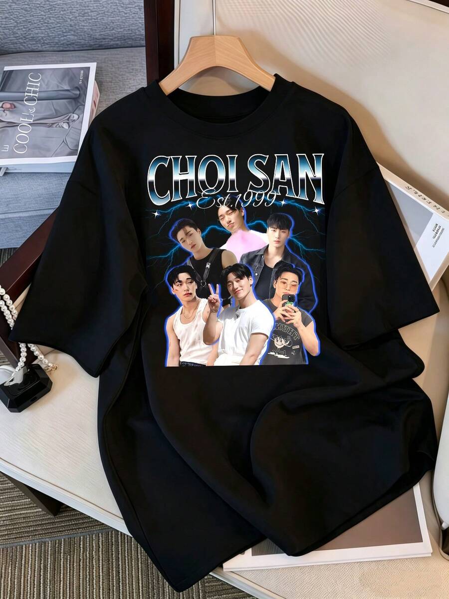 2026 T-Shirt, Vintage ATEEZs CHOI SAN Graphic T-Shirt, Oversized Casual T-Shirt For ATINY Fans, Retro 1999 Streetwear Top, Retro K-Pop Idol Bootleg Style Oversized T-Shirt, Vintage Graphic Print T-Shirt, Short Sleeve Casual Top, Fan Merchandise, Black Streetwear T-Shirt For Fans, Vintage K-Pop Star Graphic T-Shirt, Short Sleeve Oversized T-Shirt With Retro Lightning Bolt Letter Print, Black Casual Crew Neck Top, Gift For Streetwear Style Idol Fans, Comfortable Loose Fit Cotton Blend T-Shirt For Women And Men. - Black - View 1