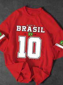 Men's Casual T-Shirt With "BRAZIL" Print And Number 10, Premium Cotton, World Cup Fan Edition, Brazilian Football Fashion - 紅色 - 查看 5