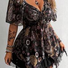 Whyspr Plus Size Square Collar Cinched Waist Asymmetric Hem Blouse - Multicolor - Ver 4