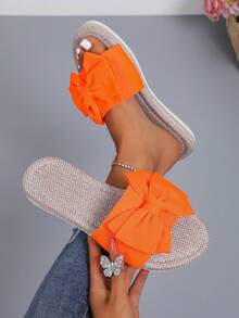 PWIIMG Women's Summer New Linen Insole Sandals, Plus Size Wide Fit Sandals With Bow Decor Open Toe For Summer Classic Versatile Beach Slippers, Orange - Orange - View 3