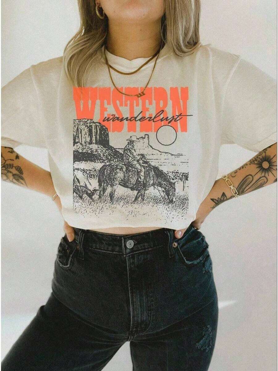 1 camisa retro cómoda estilo western de rodeo, cuello redondo, regalo para vaquero, regalos de rodeo, camiseta boho de rodeo en el desierto, Howdy Cowboy, 180g 100% algodón, los patrones están impresos. Unisexo. - Blanco - Ver 1