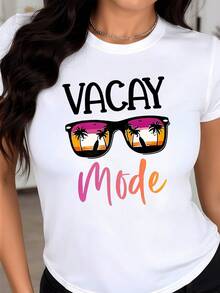 Gafas reflejando palmeras al atardecer con colores cálidos que transmiten energía de vacaciones y alegría veraniega camiseta de mujer casual cómoda para descanso y playa - Blanco - Ver 8
