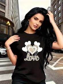 Graphic Tees2026 New Women's Pure Cotton Casual T-Shirt, Combining Wild And Soft Styles, With A Black Heart-Shaped Balloon Print And Leopard Print, And A Modern, Simple Crew Neck. A Versatile, Casual Short-Sleeve T-Shirt For Women, Suitable For Leisure, Travel, Vacations, And Other Activities. 13419 Versatile Sporty Print Short-Sleeve Cotton Summer T-Shirts For Everyday Wear - 黑色 - 查看 5