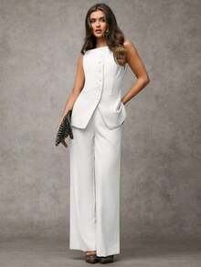 Traje de pantalón sin mangas negro para mujer con detalles de botones dorados con rosas, casual de negocios para otoño/invierno - Blanco - Ver 1
