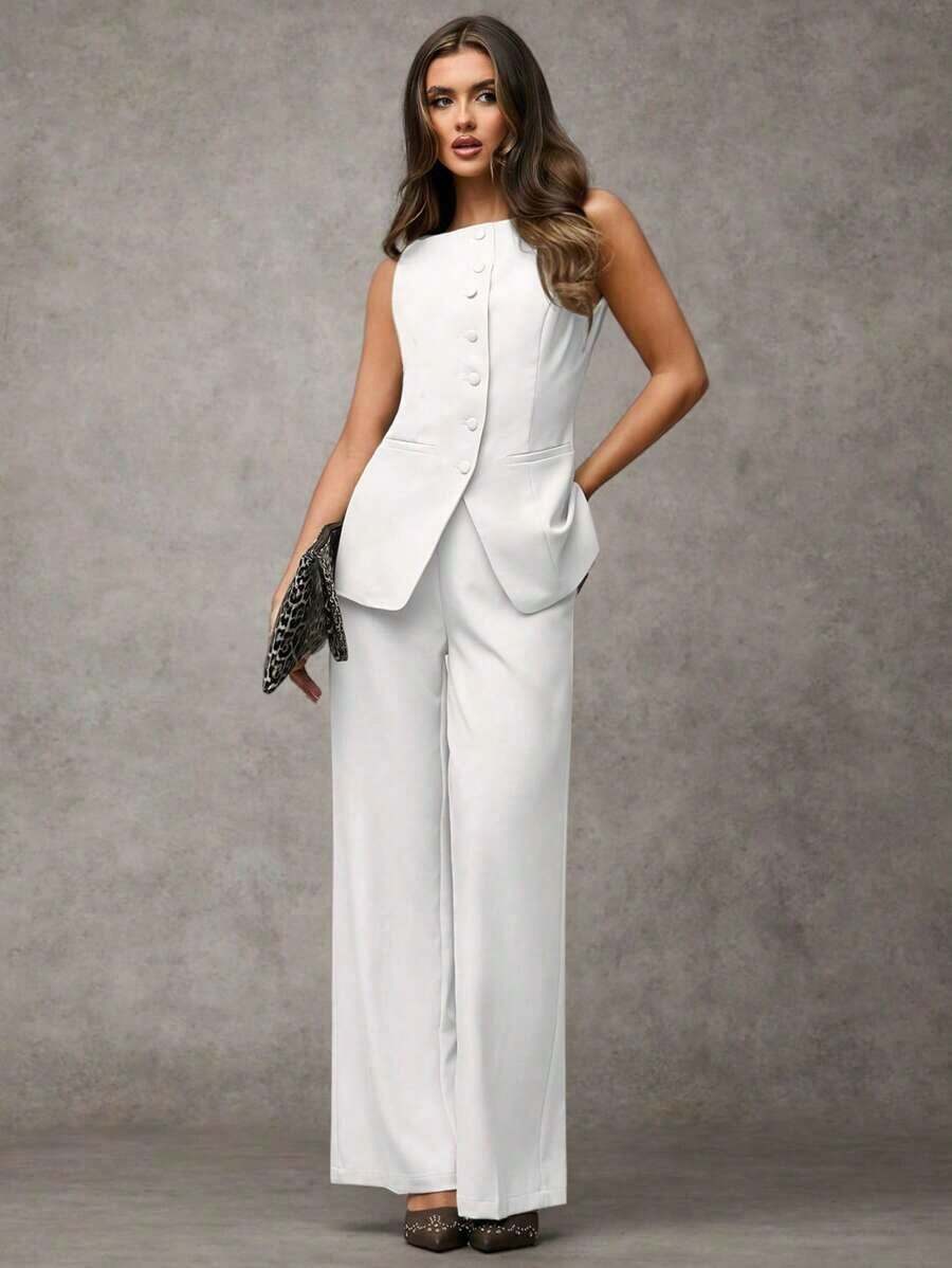 Traje de pantalón sin mangas negro para mujer con detalles de botones dorados con rosas, casual de negocios para otoño/invierno - Blanco - Ver 1