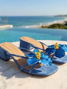 Sandal đế thấp mũi vuông mùa hè, kiểu dáng retro họa tiết hoa, đế mềm, phong cách cổ tích, thoải mái, dễ mang. - Màu xanh lam - Xem 10