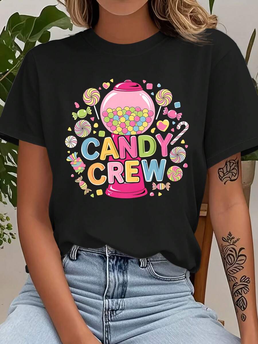Candy And Lollipop Machine Print "CANDY CREW", Casual Short-Sleeved Top With Round Neck And Elastic, Suitable For Spring/Summer, Machine Washable, Weekend Style, Relaxed Design, Pullover Style, Loose Fit, Comfortable And Well-Fitting, Positive Energy Outfit. - 黑色 - 查看 1
