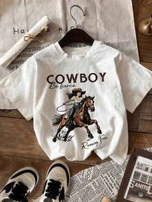 Camiseta GráFica De Vaquero Para Mujer - Cuello Redondo Casual Manga Corta, Blanca Con Estampado De Letras Animales En Y Gris, Ligera Y Transpirable Para PrimaveraVerano, Perfecta Para Fiestas, Festivales Y Atuendo Casual, Camisa GráFica De Fiesta Camiseta De Estilo Urbano Tejido De Punto Transpirable 100% AlgodóN - Blanco - Ver 2