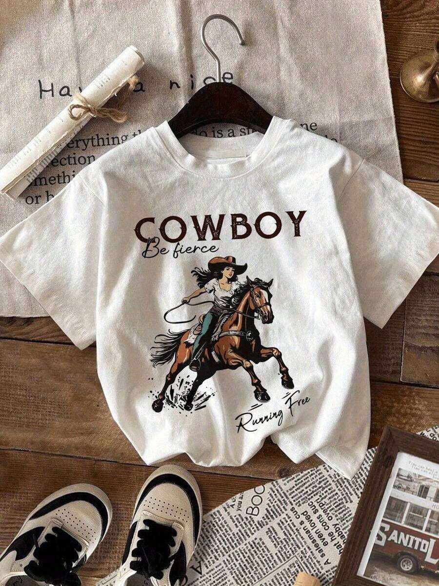 Camiseta GráFica De Vaquero Para Mujer - Cuello Redondo Casual Manga Corta, Blanca Con Estampado De Letras Animales En Y Gris, Ligera Y Transpirable Para PrimaveraVerano, Perfecta Para Fiestas, Festivales Y Atuendo Casual, Camisa GráFica De Fiesta Camiseta De Estilo Urbano Tejido De Punto Transpirable 100% AlgodóN