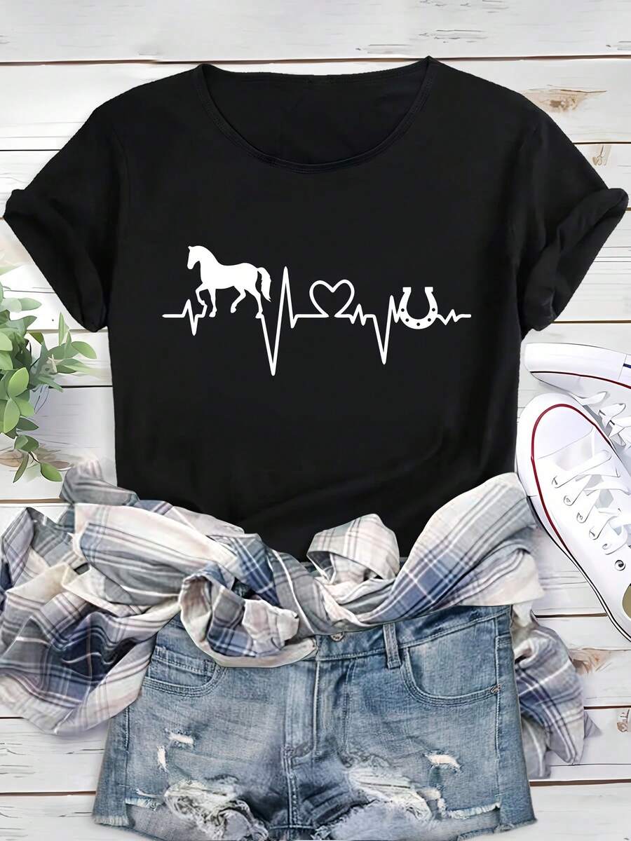 Women's Short Sleeve Cotton T-Shirt, Horse And Heart Print For Valentine's Day, Comfortable And Soft Sports T-Shirt, Casual Short Sleeve Running Top With Round Neck, Women's Sportswear. - 黑色 - 查看 1