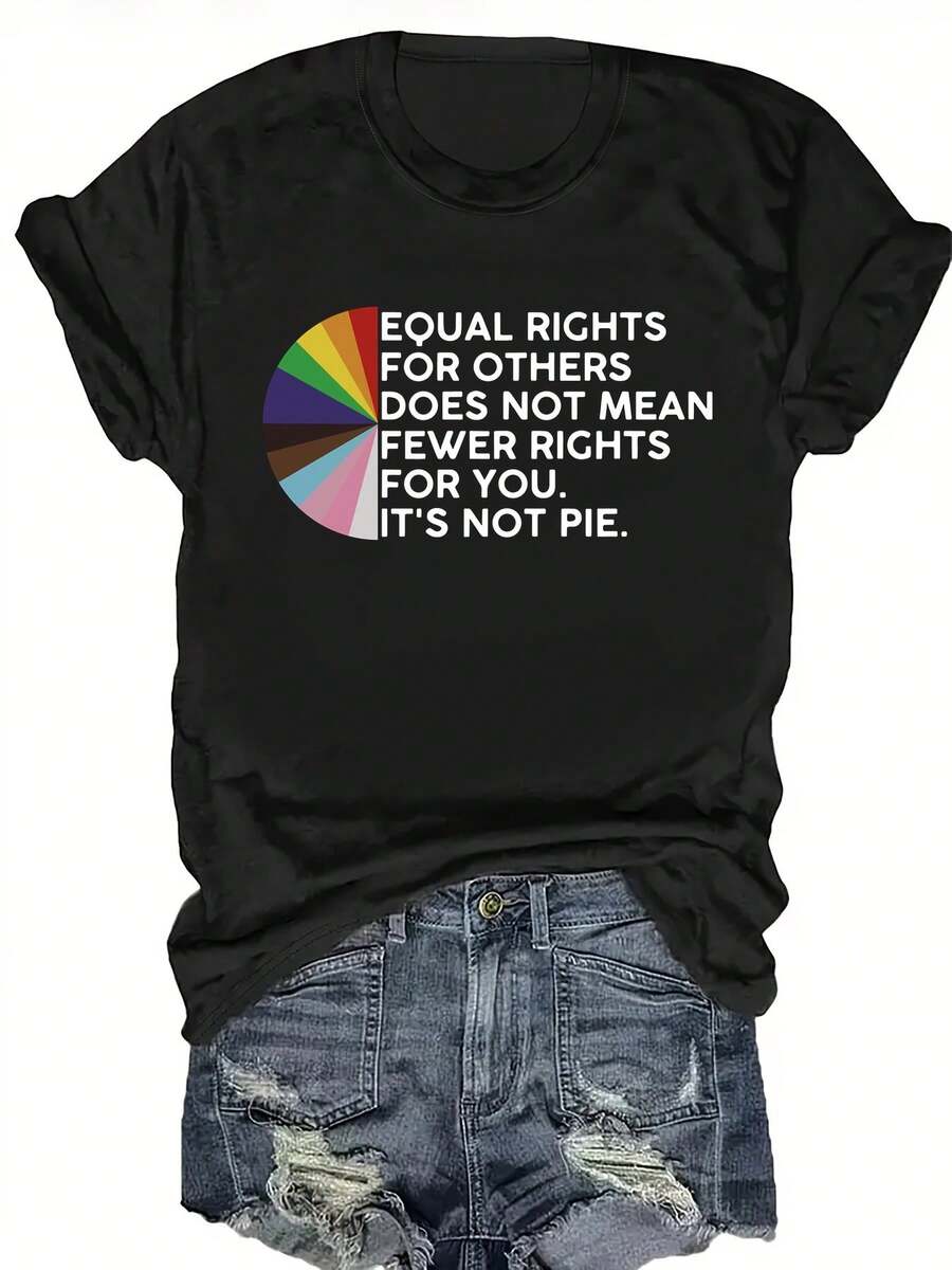 Camiseta de algodón de manga corta para mujer, camiseta con estampado de letras "Igualdad de Derechos", top casual de manga corta con cuello redondo para primavera y verano, ropa de mujer. - Negro - Ver 1