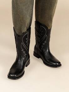 Men's Cowboy Boots Leather Western Style Rugged Comfortable Durable - 黑色 - 查看 5