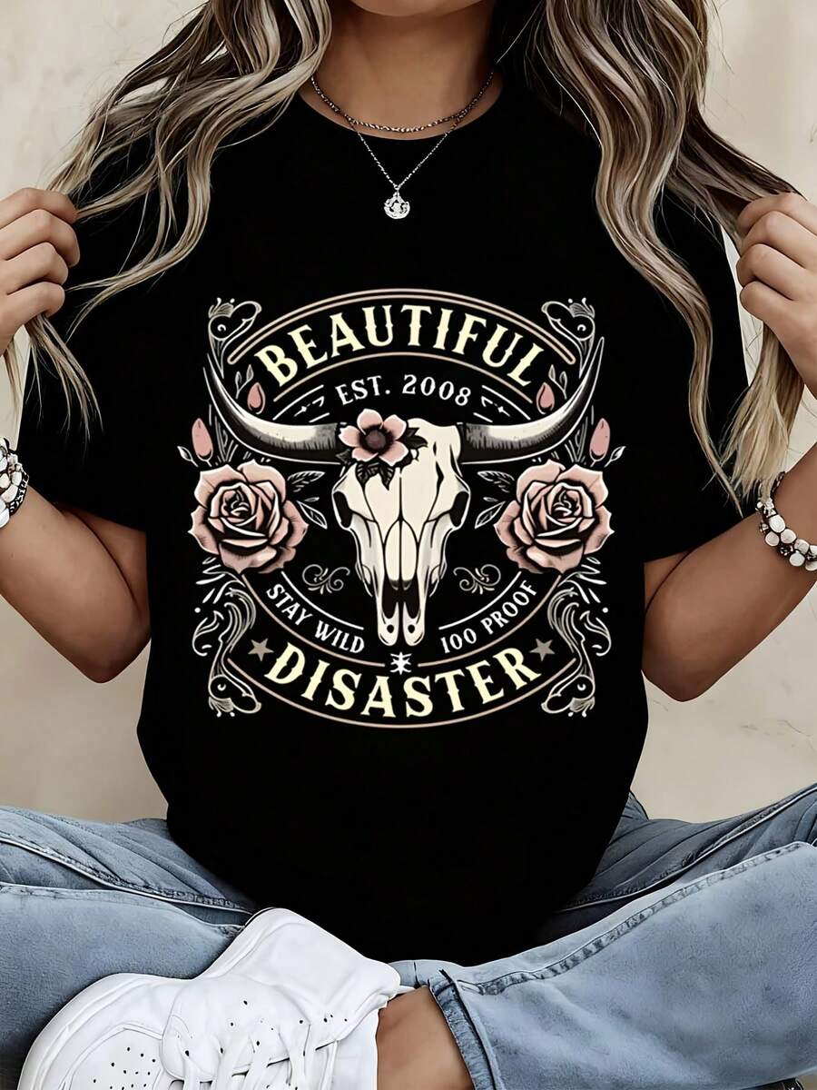 Beautiful Disaster T Shirt White Crewneck Graphic Print With Bull Skull And Roses Design - màu đen - Xem 1