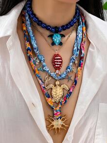 1 chiếc vòng cổ mặt dây chuyền phong cách Boho mùa hè cho nữ, bộ vòng cổ mặt dây chuyền hình sinh vật biển - hình cá, rùa, mặt dây chuyền hình mặt trời, trang sức Bohemian nhiều lớp. - Nhiều màu - Xem 11